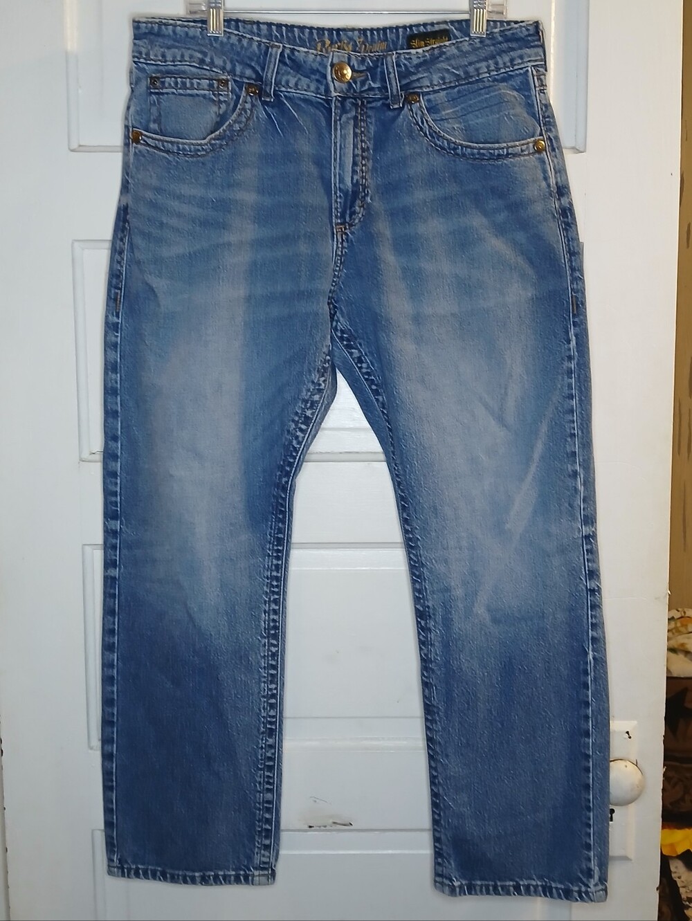 Wrangler Rock 47 Slim Straight Jeans Mens 35x29 Blue Distressed Wash